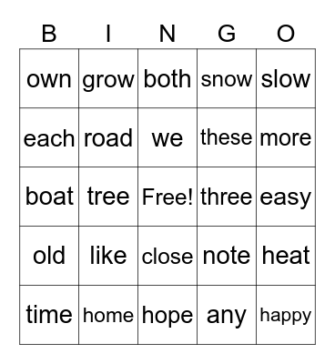 Long e and Long o Bingo Card