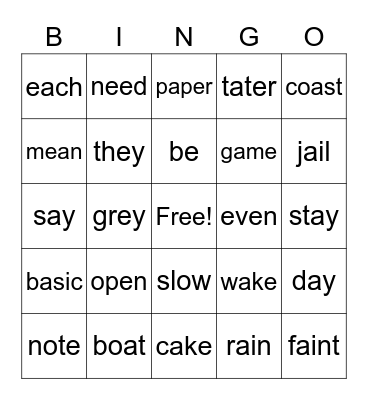 Long a, e, o Bingo Card