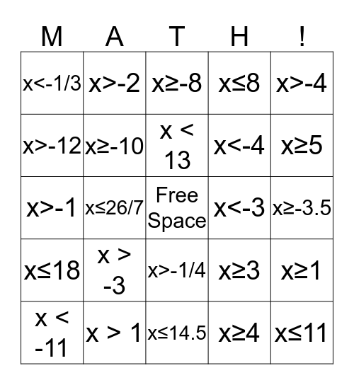 Inequalities BINGO Game! Bingo Card