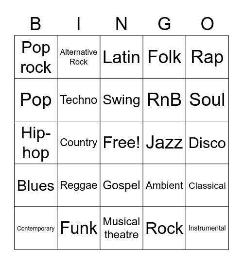 Musical Genres Bingo Card