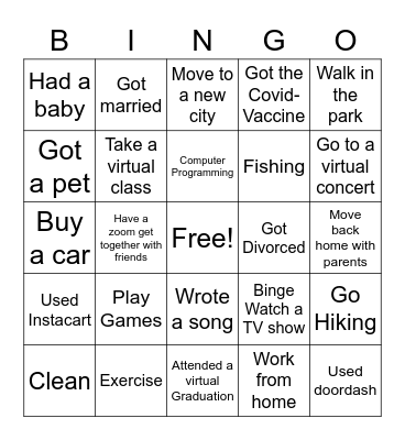 Young Adult Pandemic Bingo Card