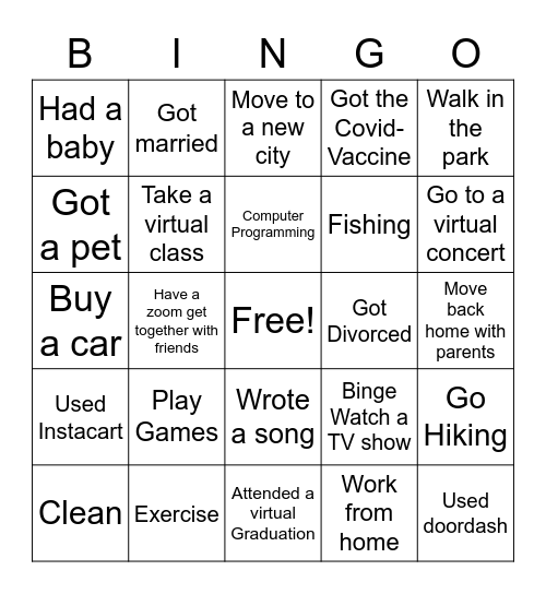 Young Adult Pandemic Bingo Card