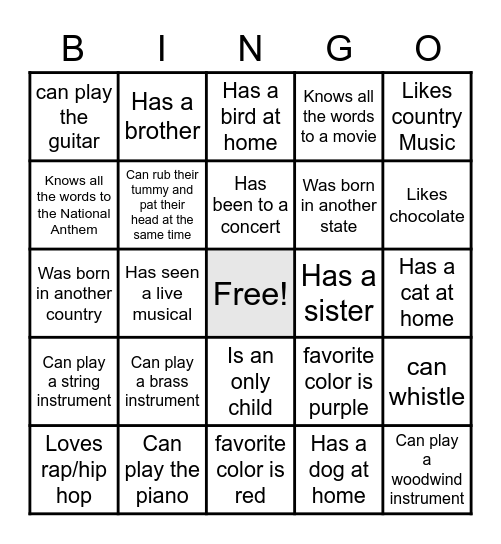 Music Welcome Bingo Card
