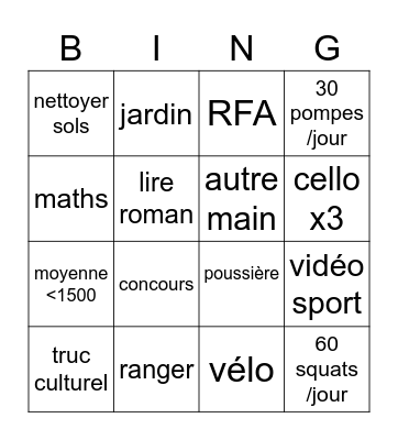 Semaine 28 août - 3 sept Bingo Card