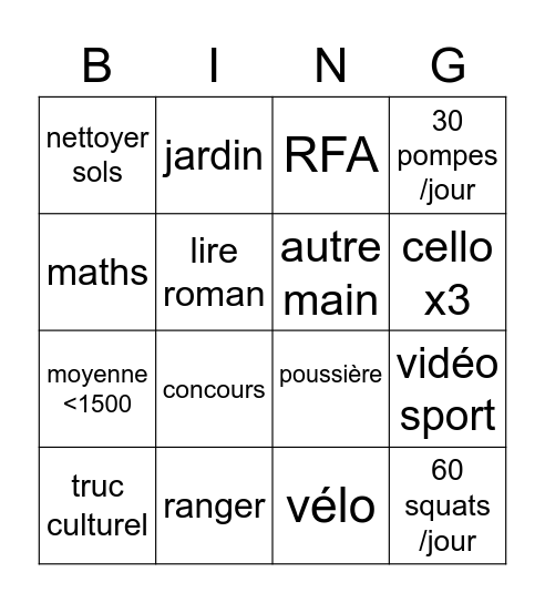 Semaine 28 août - 3 sept Bingo Card