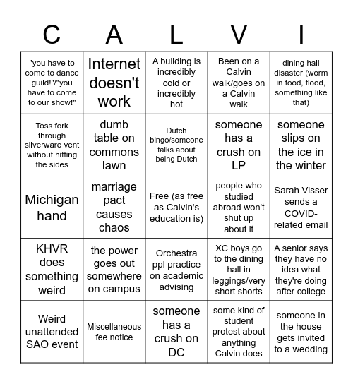 Calvin Bingo Card