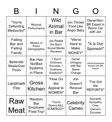 Bar Rescue Bingo Card