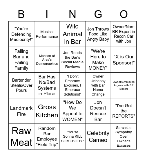 Bar Rescue Bingo Card