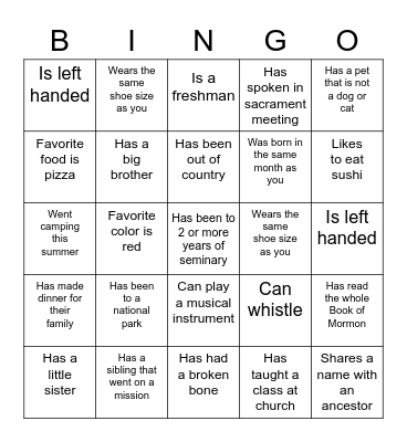 Seminary Get to Know You Bingo Card