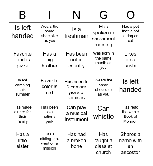 Seminary Get to Know You Bingo Card