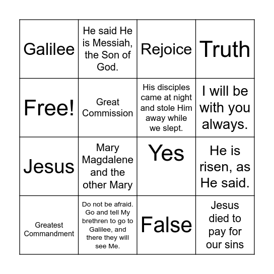 Jesus' Crucifixion and Resurrection Bingo Card
