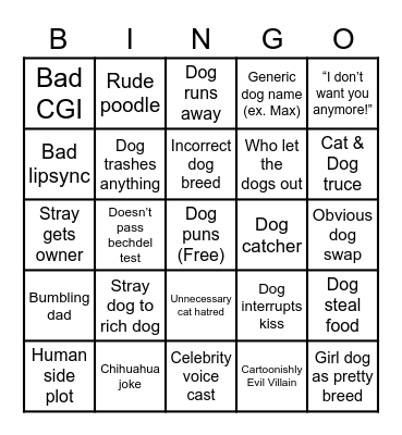 Talking Dog Movie Bingo Card