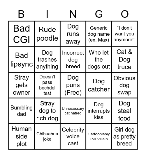Talking Dog Movie Bingo Card