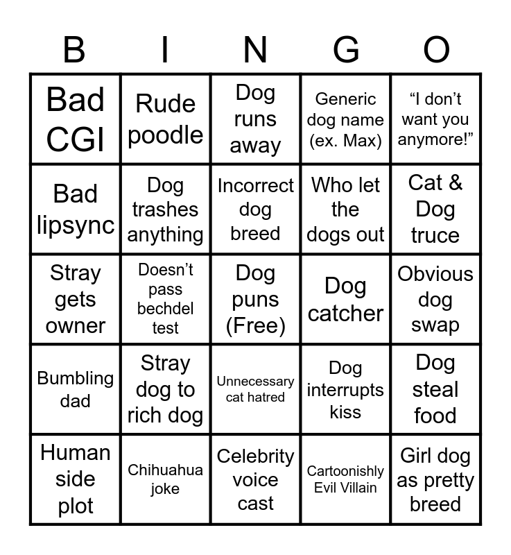 Talking Dog Movie Bingo Card