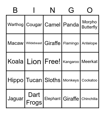 Zoo Animals Bingo Card