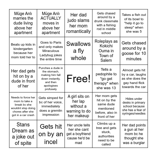 Shiro's Life Experiences (including her environment) Bingo Card