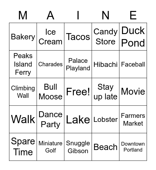 Vicentes Visit Maine! Bingo Card