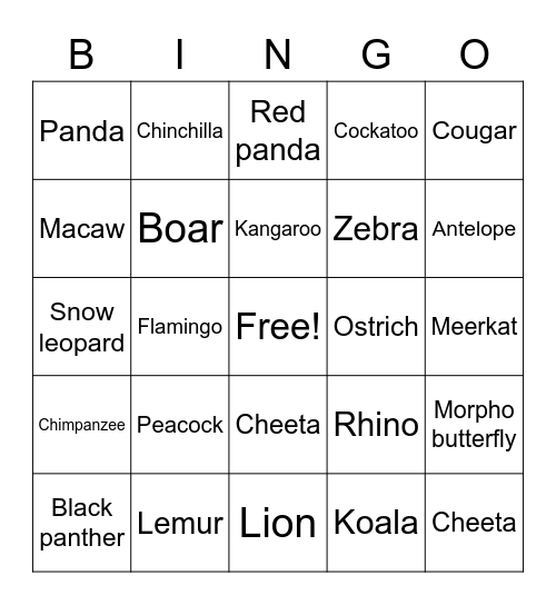 Zoo Animals Bingo Card