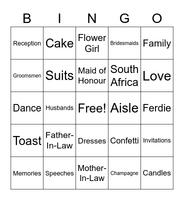 Josh and Ferdie Wedding Bingo Card