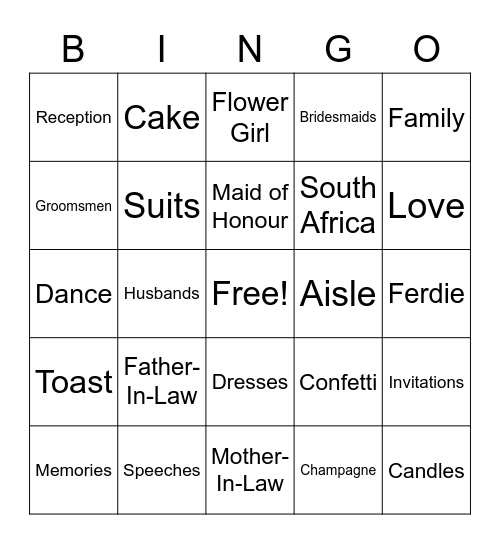 Josh and Ferdie Wedding Bingo Card