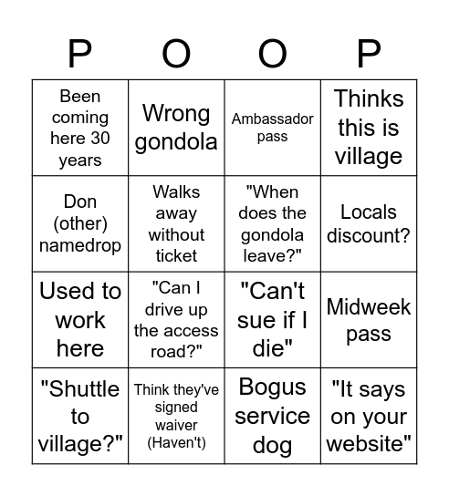 Guest Services Bingo Card