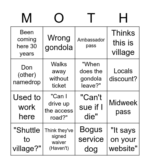 Guest Services Bingo Card