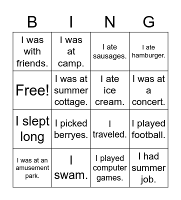 What did you do in the summer? Bingo Card