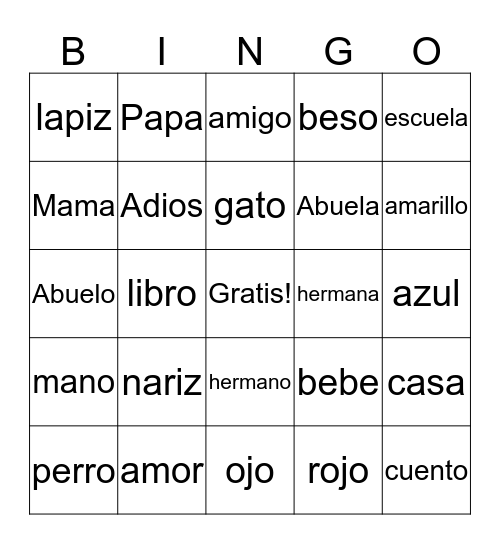 Spanish Bingo Card