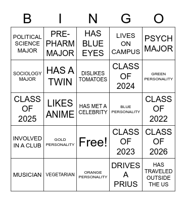 COLLEGE CORPS BINGO Card