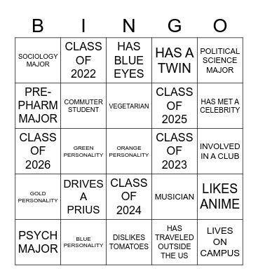 COLLEGE CORPS BINGO Card