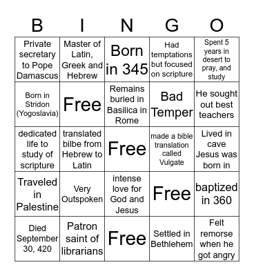 St. Jerome Bingo Card