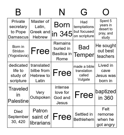 St. Jerome Bingo Card