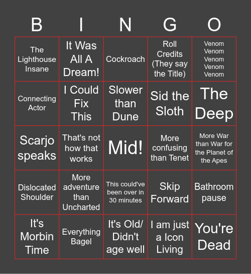 JJ Movie Bingo Card