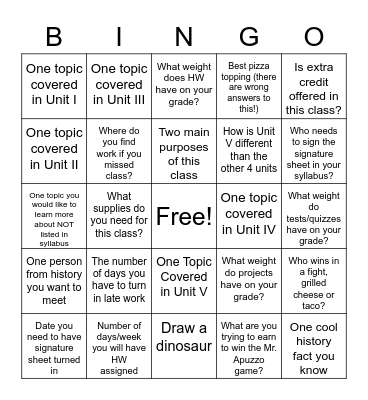 8th Social Studies Syllabus Bingo Card