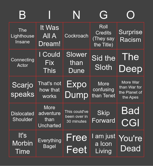 JJ Movie Bingo Card