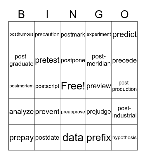 Pre- and Post Bingo Card