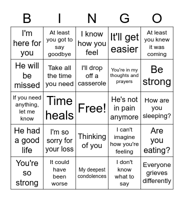 Funeral Bingo Card