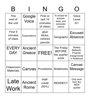 Expectations & Procedures BINGO Card