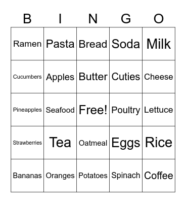 Grocery Bingo Card