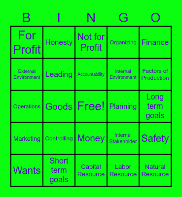 Business Concepts Bingo Card