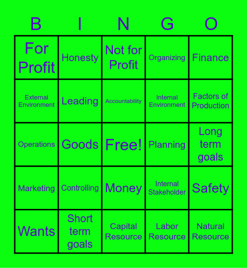 Business Concepts Bingo Card