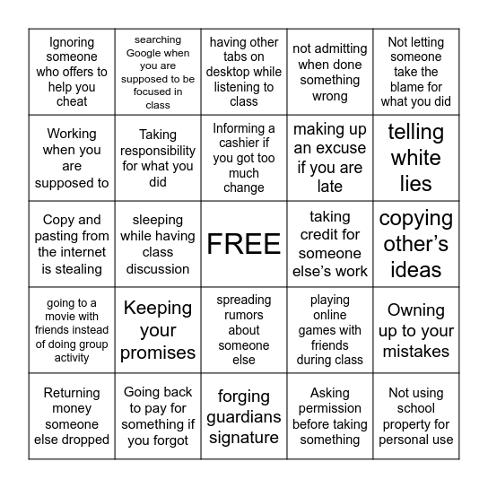 Integrity Bingo Card