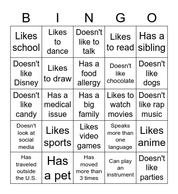 Getting to know you Bingo Card