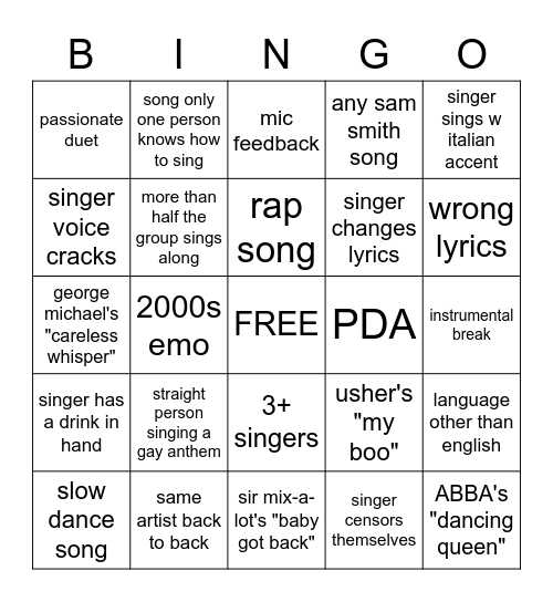 karaoke Bingo Card