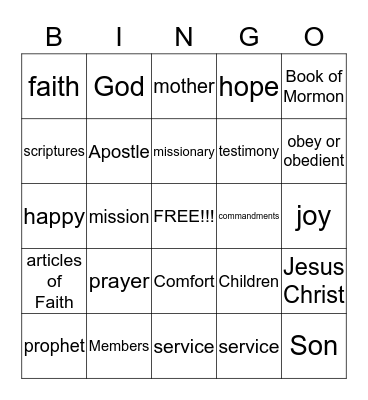 LDS Conference BINGO Card