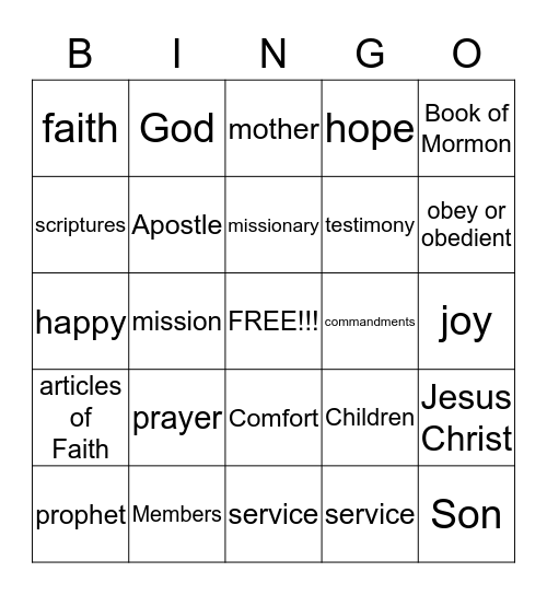 LDS Conference BINGO Card