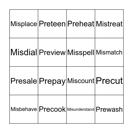 prefixes Bingo Card