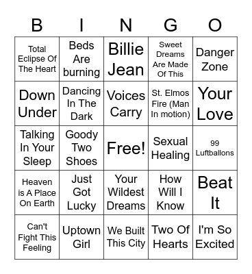 80s Hits Bingo Card