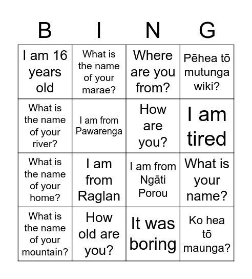 Ko wai tō ingoa? Bingo Card