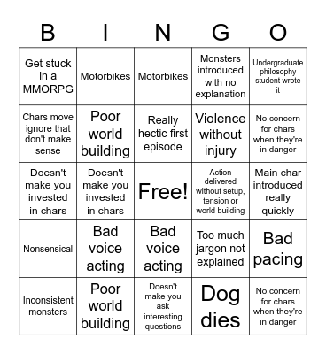 Bad Anime Bingo Card